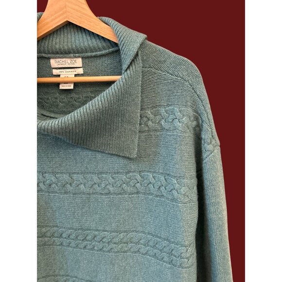 Rachel Zoe Womens Green Cashmere Cable Knit Cowl Neck Sweater Medium Luxe Staple - Picture 4 of 5